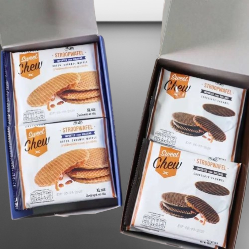 (12 ชิ้น/กล่อง) SweetChew Stroopwafel วาฟเฟิลสอดไส้คาราเมล สตรูปวาฟเฟิล รสออริจินัล และรสช็อกโกแลต