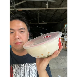 ชามเซรามิกพร้อมฝาปิดสูญญากาศ ชามทรงกลม ชามตราไก่ ขนาด8นิ้ว ลายไก่ชบาแดง เนื้อสโตนแวร์ stoneware งานของลำปาง ออกใบกำกับภา