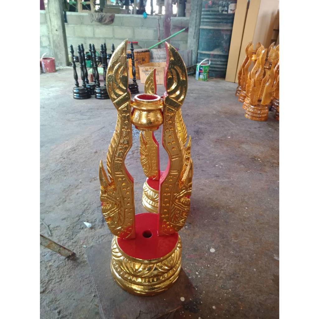 ขาตั้งตาลปัตรเสาชิงช้า พญานาค ปิดทอง ผลิตจากไม้คุณภาพ