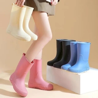 รองเท้าบูท รองเท้าบูทกันฝน กันน้ำ รองเท้ากันฝนเรียบง่ายสีล้วน กันลื่นกันน้ำ