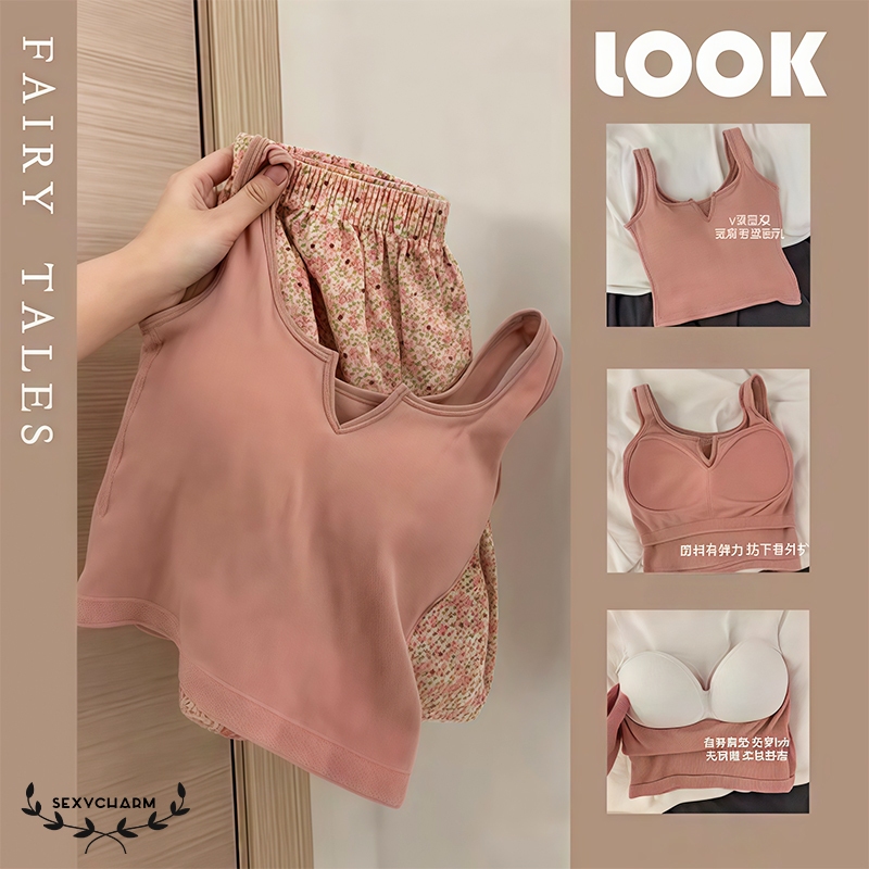 Sexy Charm💐💐 ใหม่ ชุดนอนใส่สบาย เสื้อกั๊ก + กางเกงขาสั้น ลายดอกไม้ แฟชั่น