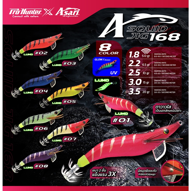 PRO-HUNTER X ASARI SQUID JIG 168 โยกุ้ง ตกหมึก ขนาด 1.8 – 2.5 – โปรปัง
