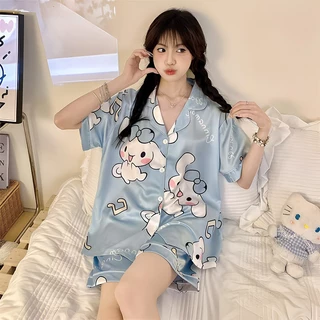 ชุดนอนผ้าซาติน ชุดนอนผู้หญิง แขนสั้นขาสั้น ผ้าเย็นงานใส่สบาย GLB