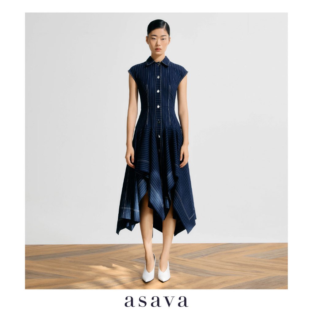 [asava ss25] Pinstriped Denim Handkerchief Dress เดรสผู้หญิง ทรงอสมมาตร แขนกุด แต่งกระดุมหน้า แต่งตะ