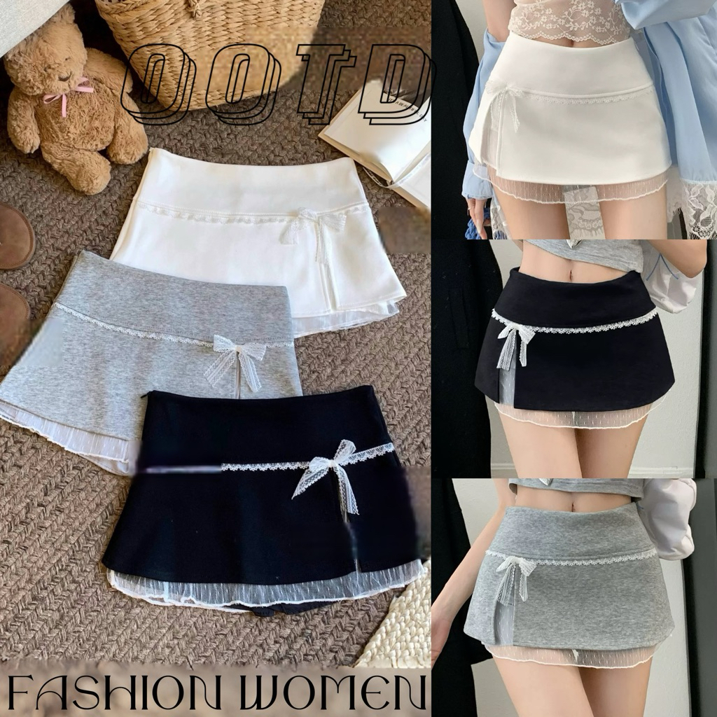 STR พร้อมส่ง🍋กระโปรงสั้น กระโปรงมินิ แต่งลูกไม้ ติดโปว์ ทรงเอ ทรงรัดรูป มีซับใน สีพื้น ผ้ายืด สุดฮิด Y2K แฟชั่นผู้หญิง