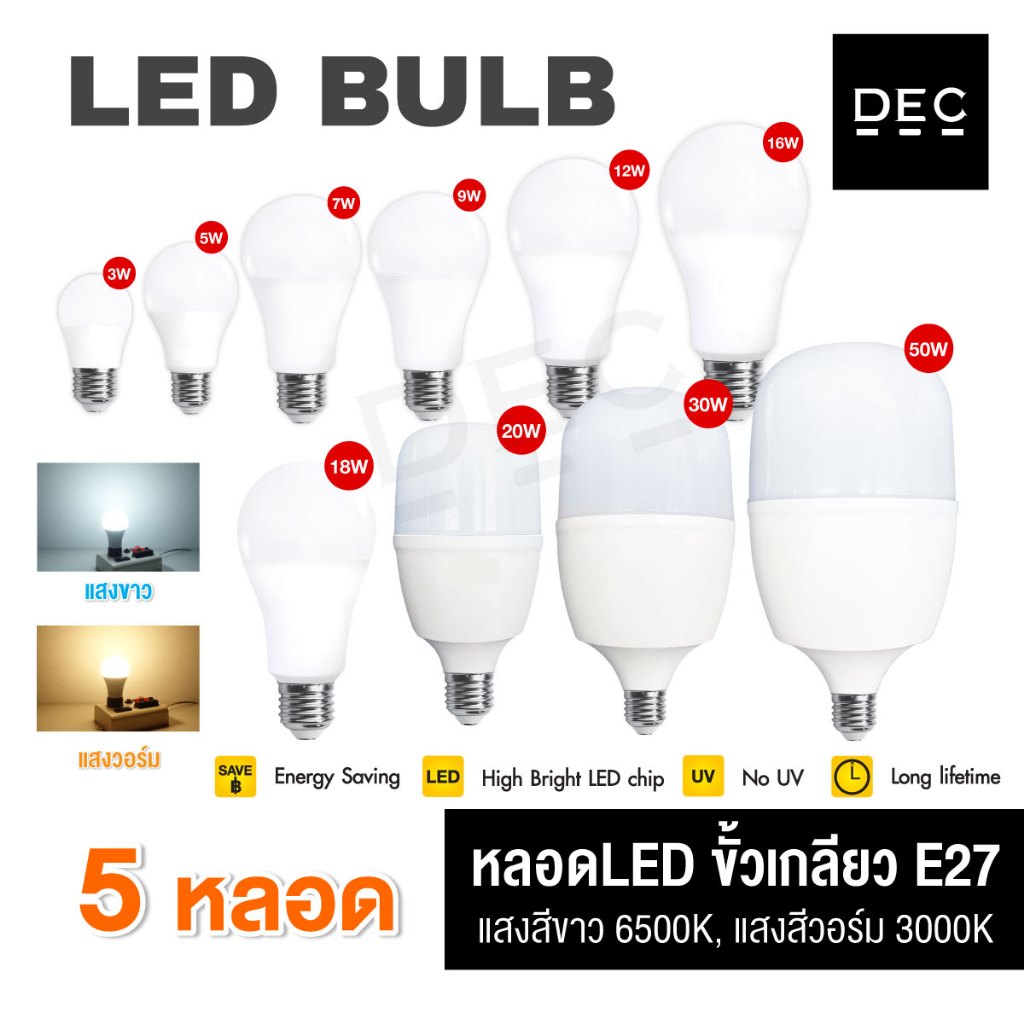 ชุด 5 หลอด LED หลอดปิงปอง ขั้วE27 ประหยัดไฟ 3W/5W/7W/9W/12W/16W/18W/20W/30W/50W แสงขาว แสงวอร์ม DEC