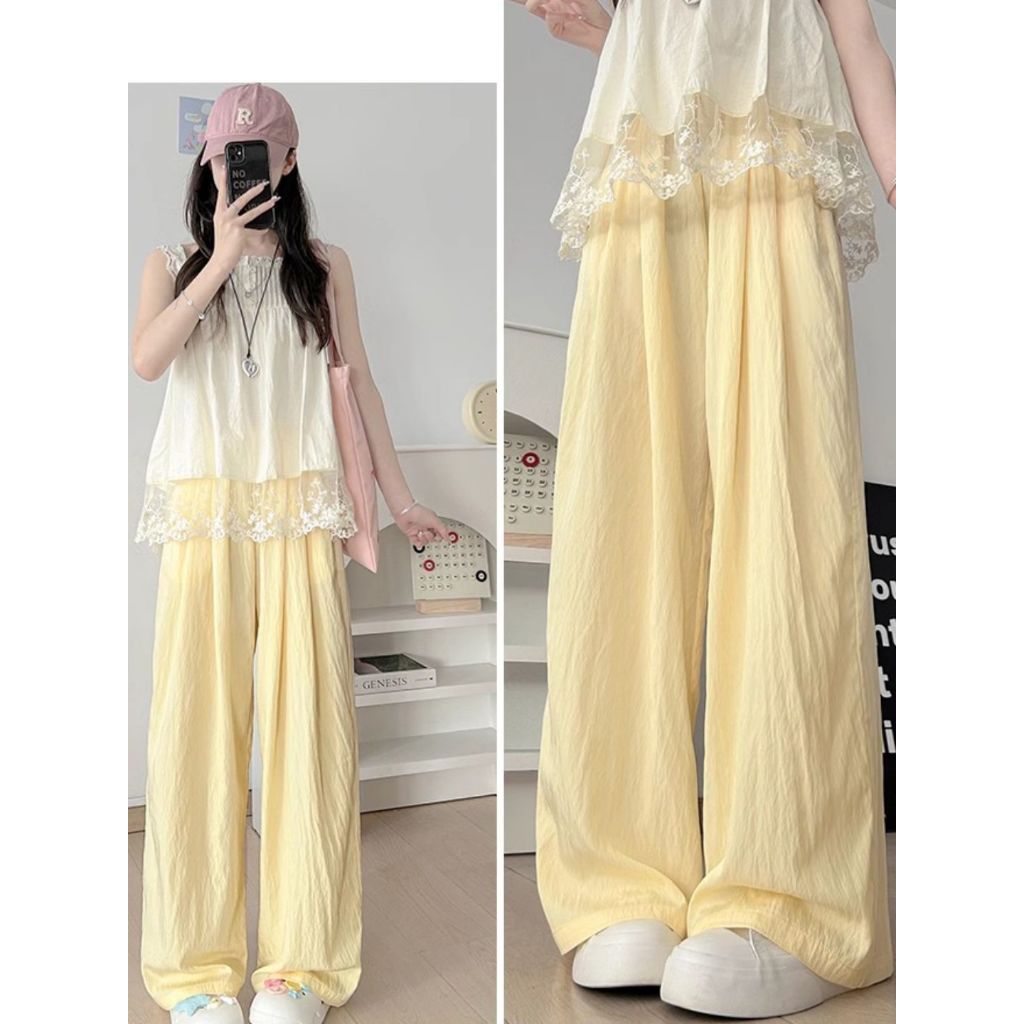 กางเกงผ้าไหมน้ำแข็งสีเหลือง Yamamoto สำหรับผู้หญิง ฤดูใบไม้ผลิและฤดูร้อน 2025 ใหม่ กางเกงขายาวทรงหลวมสบายๆ เดินเล่นสบายๆ