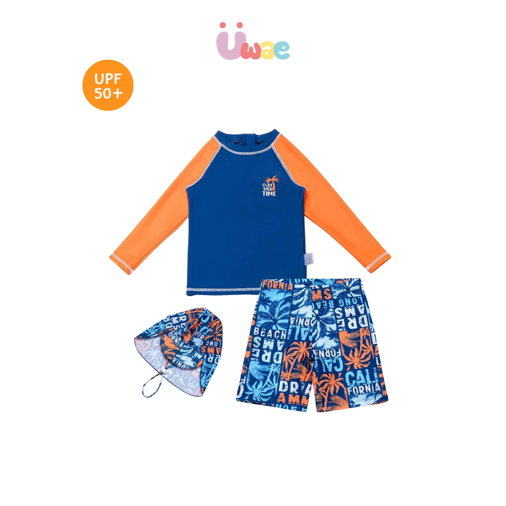 Uwae ชุดว่ายน้ำเด็กกันUV แขนยาวขาสั้น พร้อมหมวก Beach Life ชุดว่ายน้ำเด็ก รุ่นUV455