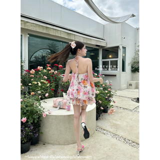 R2D046เดรสลายดอกไม้จั้มชายป้ายเรนโบว์