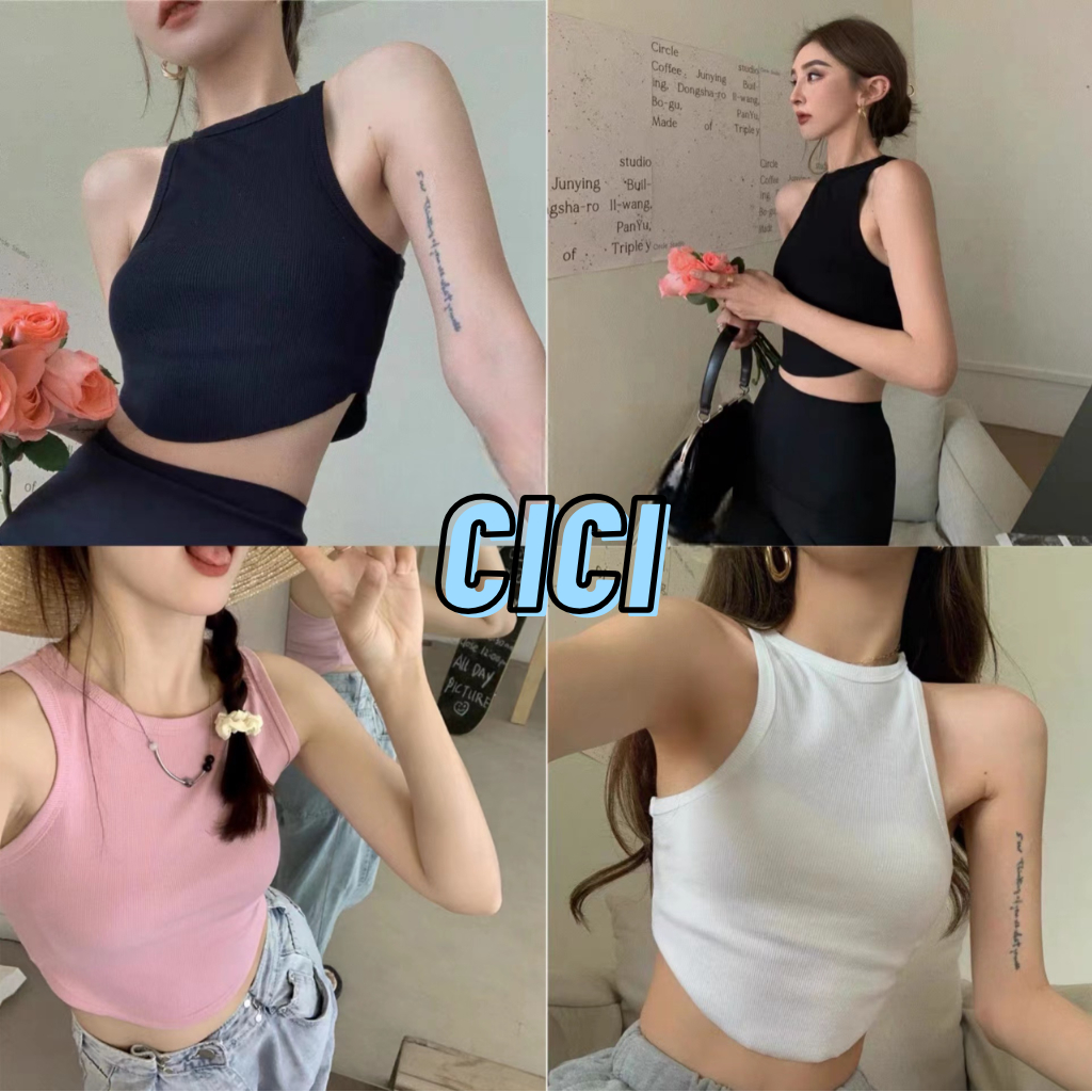 ส่งทันที Cici(NO. 13509)เสื้อกล้ามครอปไหมพรม ดีไซน์ชายเสื้อโค้ง สีเบสิค เรียบๆแต่หรูหราหมาเห่ามากแม๊