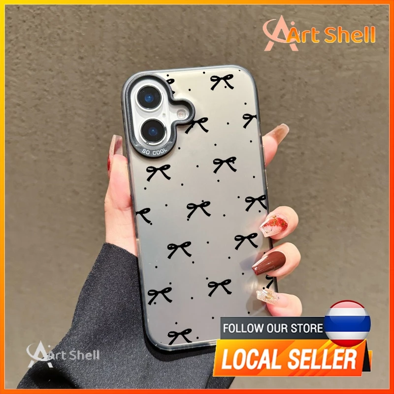 โลหะชุบโลหะด้วยไฟฟ้า ไอโฟนหมีสีชมพูfor 11 iPhone 12 13 14 15Pro MAX X XS XR 7 8Plusลิตเติ้ลสตาร์สร้างสรรค์โบว์สไตล์เรียบ