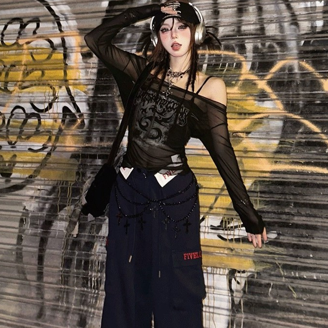 YOYO พร้อมส่ง🐲เสื้อครอป เซ็ต2ชิ้น🐲ซีทรู  พิมพ์ลายมังกร เสื้อปาดไหล่แขนยาว ทรงรัดรูป  แซ่บๆ Y2K  เซ็กซี่ผู้หญิง - รูปที่ 6