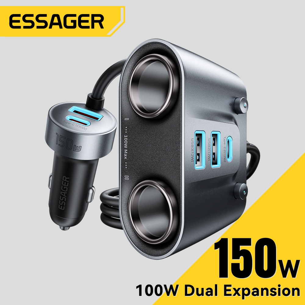 Essager ที่ชาร์จในรถยนต์ 2-in-1 150W USB Type-C อะแดปเตอร์ชาร์จไฟในรถยนต์แบบเร็ว PD3.0/QC3.0/QC4.0