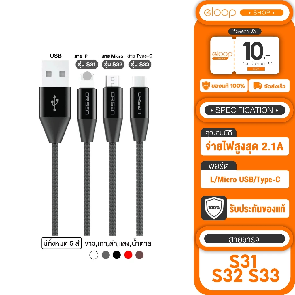 Eloop S3 (S31 , S32 , S33) หัว L Cable , MicroUSB , Type-C สำหรับมือถือ Smartphone (Chinashop)