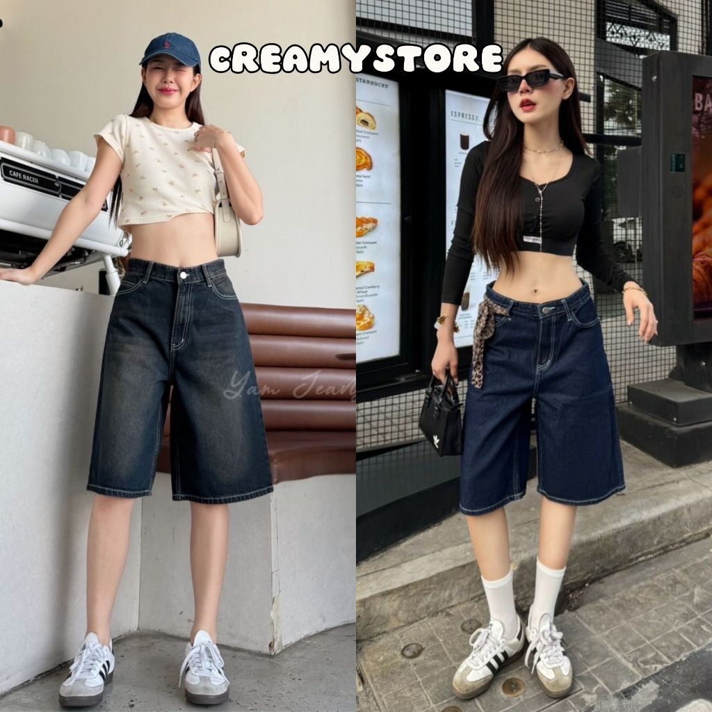 Creamystore กางเกงยีนส์ขาสั้น5ส่วนสีเข้ม สนิมเฟดทอง Deep Blue size S-3XL ป้ายYam' jeans🍨