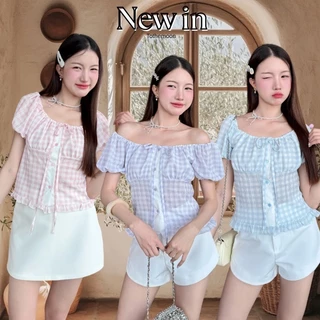 Denim top เสื้อแขนตุ๊กตาผ้ายีนส์ กระดุมหน้าสีแดง เย็บจีบหน้าอก KN.Clothes