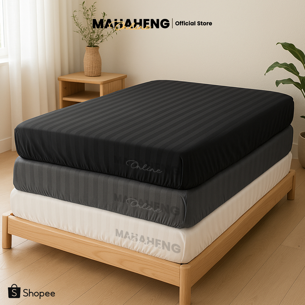 MAHAHENG ผ้าปูที่นอน ลายริ้วซาติน นุ่มลื่น ระบายอากาศดี ขนาด 3.5 / 5 / 6 ฟุต (เฉพาะผ้าปู)