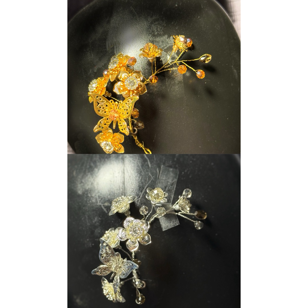 ดอกไม้สีทองติดผมและสีเงิน แบบใหม่มีผีเสื้อเพื่อเพิ่มความสวยงาม