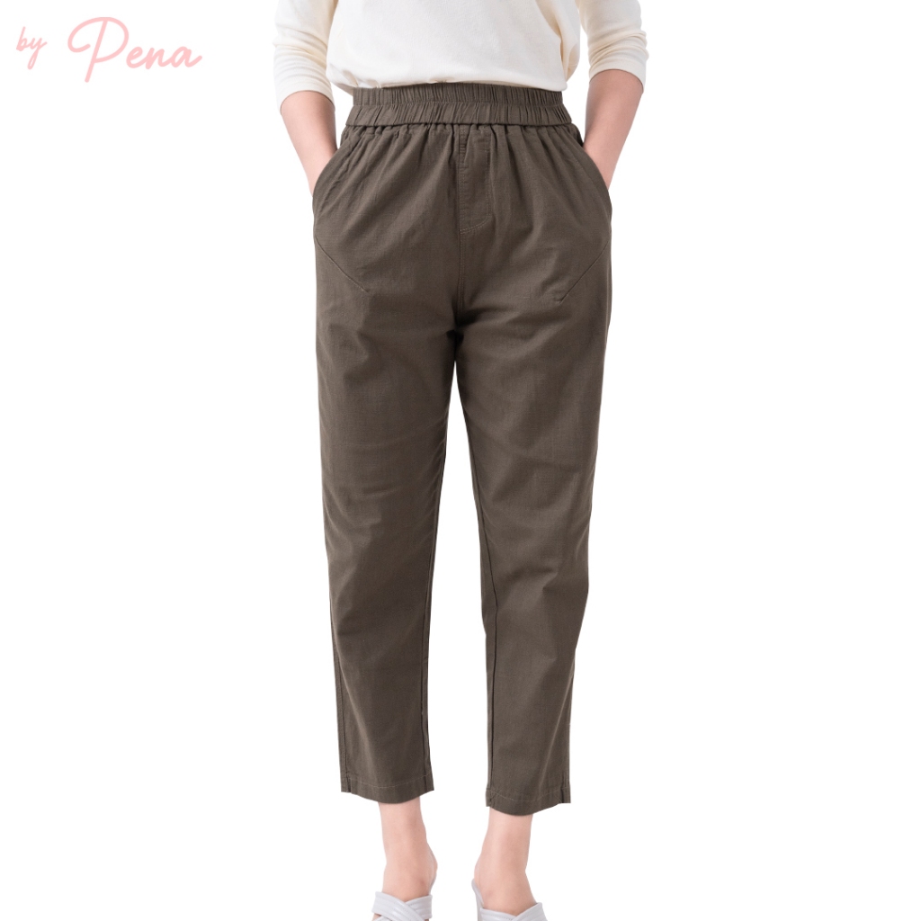 By Pena กางเกงลำลองขายาวทรง Pegged Pants สีพื้นเอวยางยืด BSPL001 - รูปที่ 2