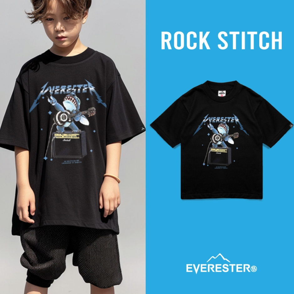 EVERESTER เสื้อยืดเด็ก 4-12 ปีเสื้อผ้าเด็กผู้ชาย Oversize เสื้อเด็กผู้ชาย Stitch ดำ Kexp