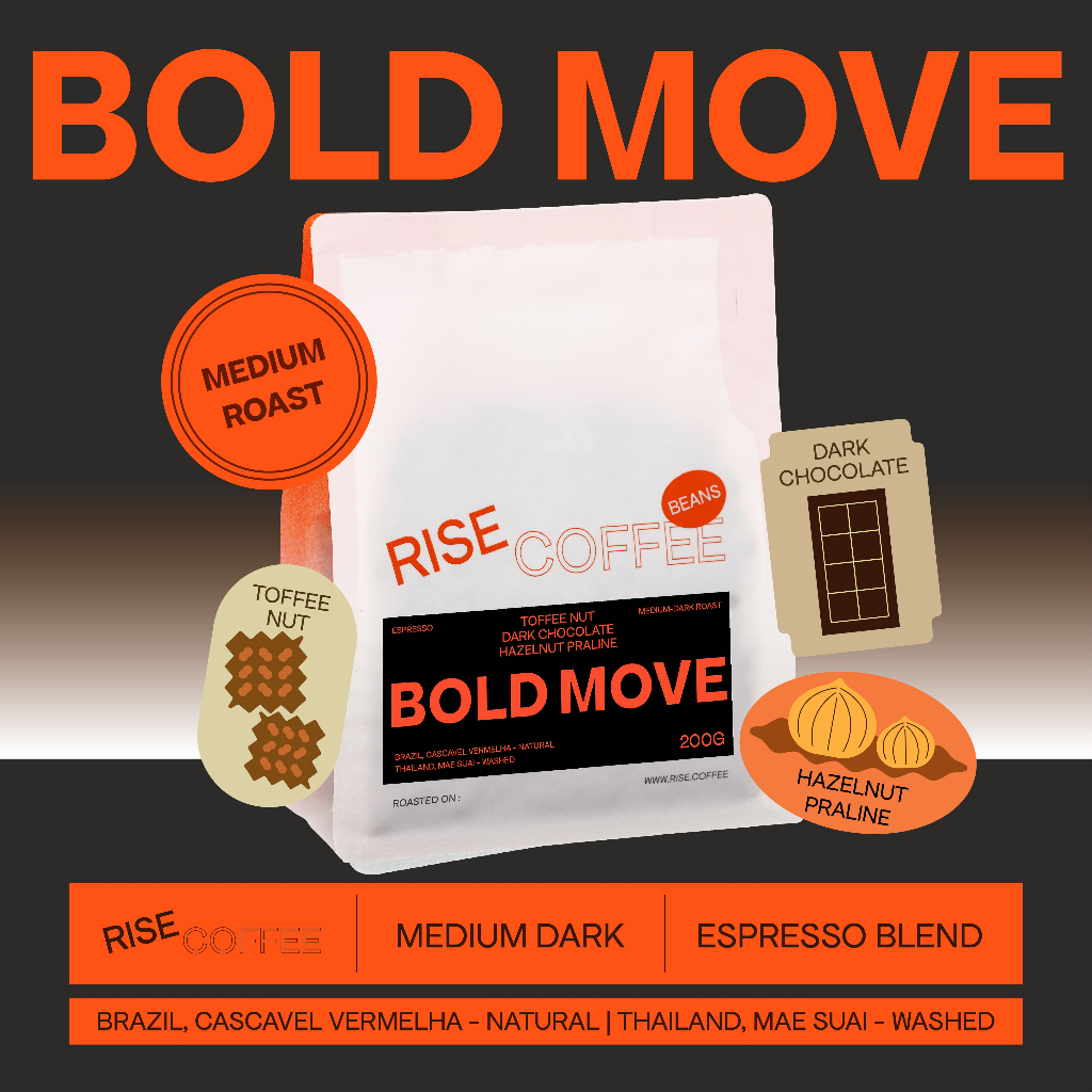 RISE COFFEE เมล็ดกาแฟคั่วกลางเข้ม BOLD MOVE กาแฟ Brazil เกรดพรีเมี่ยมจาก Cascavel Vermelha หอม หวาน กลมกล่อมสุดๆ