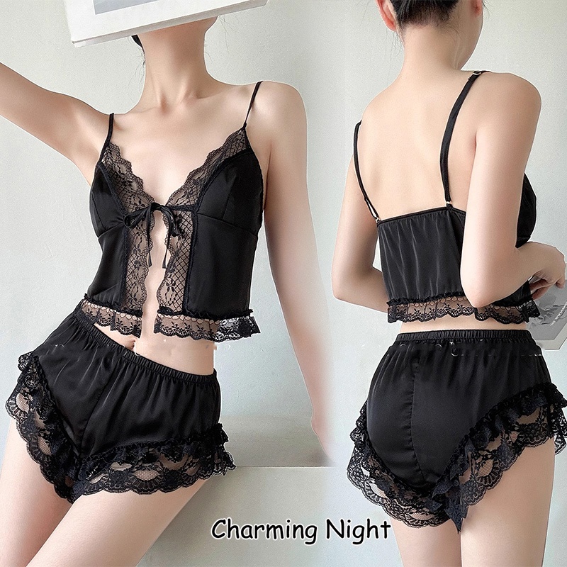 💞Charming Night💞สีดำ ลูกไม้  ชุดอยู่บ้าน เซ็กซี่และมีเสน่ห์ ชุดนอนสายเอี๊ยม ชุดนอนผู้หญิง ชุดสองชิ้น ใส่สบาย