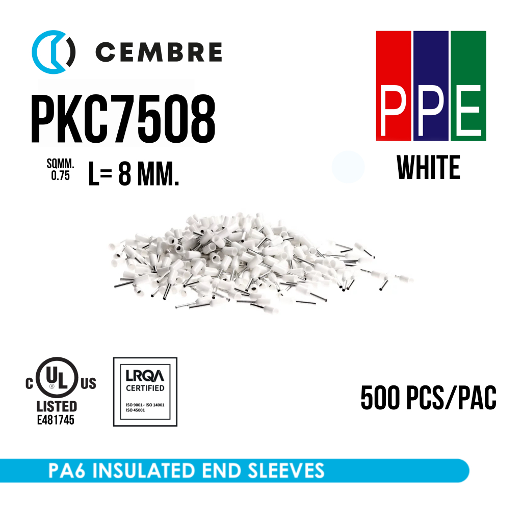 PKC7508 [Cembre] หางปลาหุ้ม แบบหุ้มปลายสาย 0.75 Sqmm.ยาว 8mm. Insulated End Sleeves [ขายยกถุง 500Pcs/Pac]