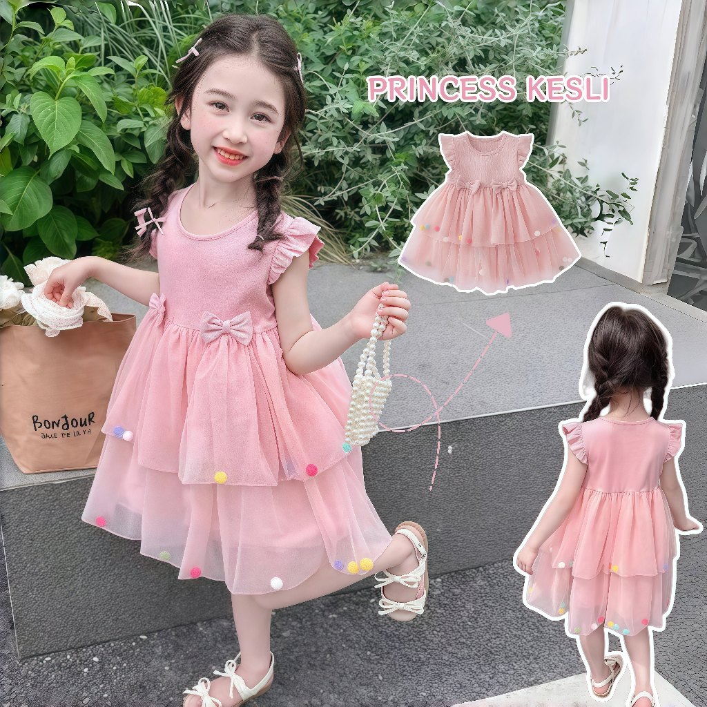 PRINCESS KESLI ชุดเดรสเจ้าหญิง คอกลม แขนพอง พิมพ์ลายดอกไม้ ประดับโบว์ สําหรับเด็กผู้หญิง 1-9 ปี