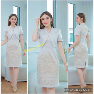 เดรสผ้าไทย สีขาวทอง ผ้าฝ้ายลายหยดเทียน ทรงเสื้อกั๊ก ชนเชิง พร้อมส่ง