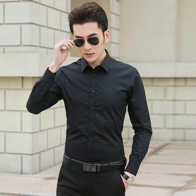 เสื้อเชิ๊ต แขนยาว ผู้ชาย แต่งกระดุมหน้า สีพื้น รุ่น ดูแลรักษาง่าย สวมใส่สบาย- เสื้อเชิ้ตทำงานแขนยาวสีดำ ทรง SLIM FIT
