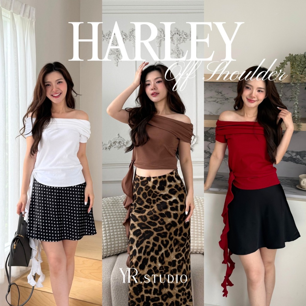 HARLEY OFF-SHOULDER เสื้อปาดไหล่ผ้าคอตตอลยูนิ เย็บ2ชั้น เเต่งผูกข้างระบายเเมงกะพรุน ใส่ไปคาเฟ่ก็ปัง ไปเดทก็เริส