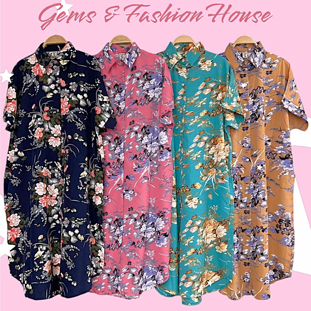 Pitzy Dress เดรสเชิ้ตแขนสั้นตัวยาว คอปก กระดุมจริงผ่าหน้า กระเป๋าล้วงข้าง ผ้าไหมอิตาลี ลายดอกไม้ ทรง oversize อก 46 นิ้ว
