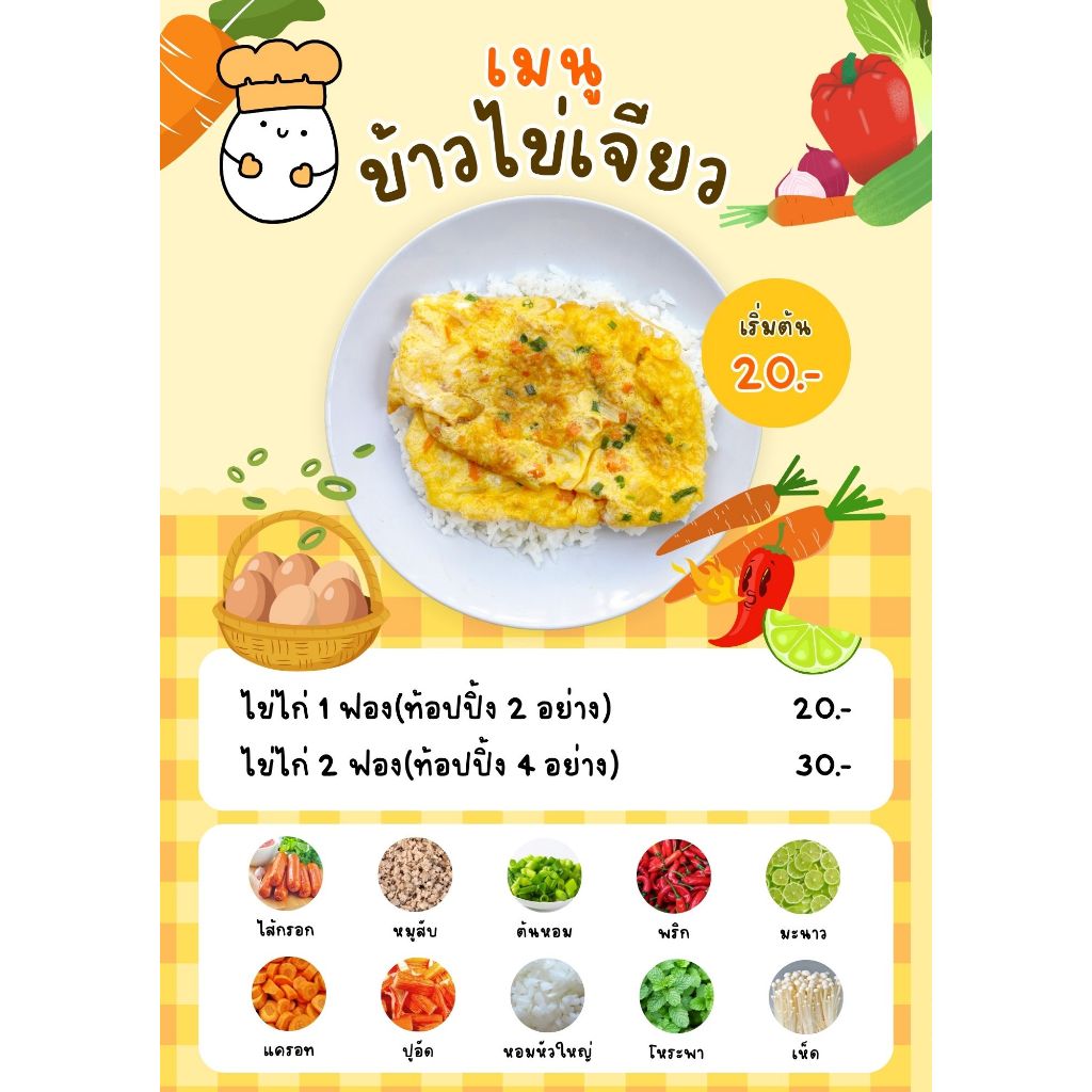 ป้ายเมนูข้าวไข่เจียวทรงเครื่อง(ขนาดA4และครึ่งA4)เคลือบกันน้ำ💧