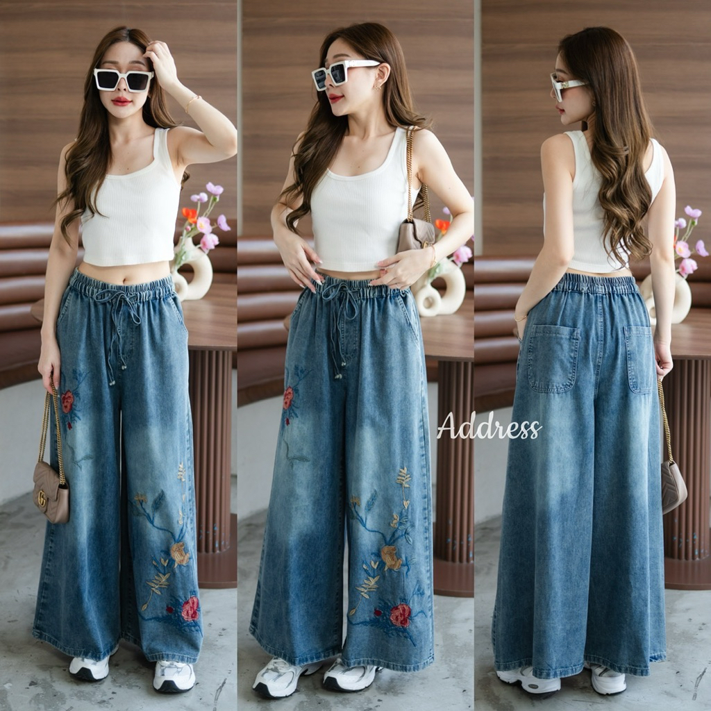 [พร้อมส่ง] Address • กางเกงยีนส์ขายาวเอวสม็อค กางเกงทรงขากระบอกใหญ่