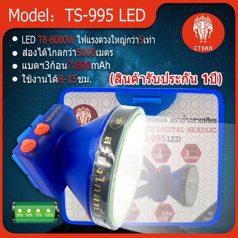 🔥รุ่นใหม่🔥 ( ประกัน 1 ปี ) แบต3ก้อน ไฟฉายคาดหัว TS-995 7800mAh สว่างมาก ปุ่มเปิดไฟแบบหรี่ มีสถานะบอกแบต พร้อมส่ง