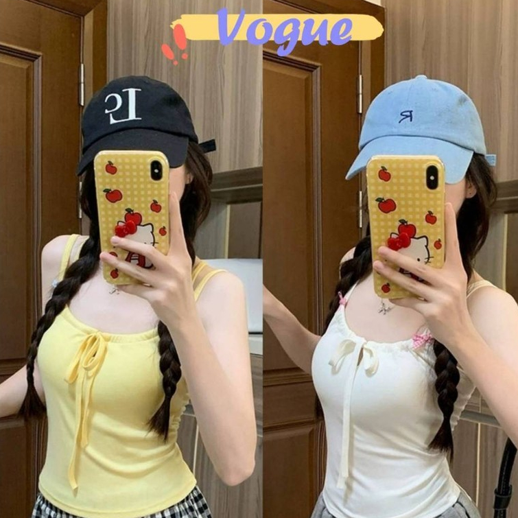 Vogue🌟พร้อมส่ง🌟 เสื้อสายเดี่ยวสองเส้น มีฟองน้ำ ดีเทลผูกหน้าอก สีพาสเทล (FY6809-J)