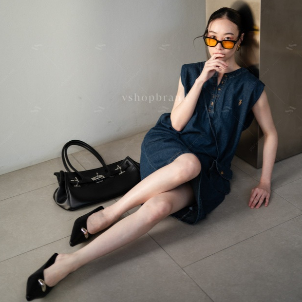 0513 มินิเดรสยีนส์แขนกุดปักโปโลอก + กระเป๋ายีนส์ งานป้าย vshopbrand