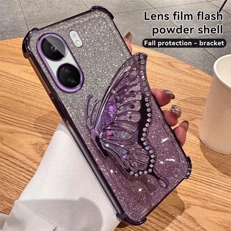 เคส ขาตั้ง ผีเสื้อ สำหรับ Redmi15 A5 A7 A7Pro และ POCO C71 C81Pro เคส ป้องกันกล้อง ผีเสื้อ กริตเตอร์ น่ารัก ตั้งได้