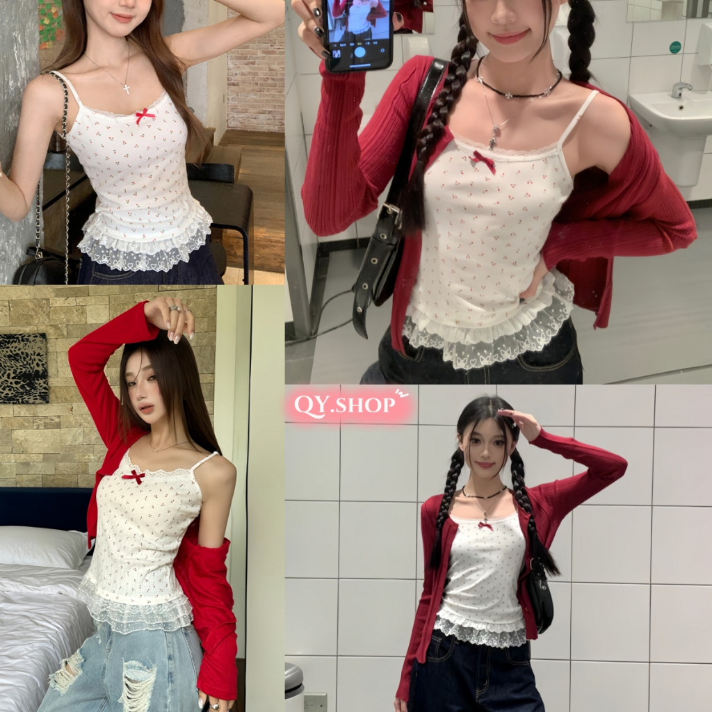 QY.Shop สินค้าราคาพิเศษ พร้อมส่ง เสื้อกั๊กแขนกุดสลิงลายดอกไม้เย็บลูกไม้"Y6823"