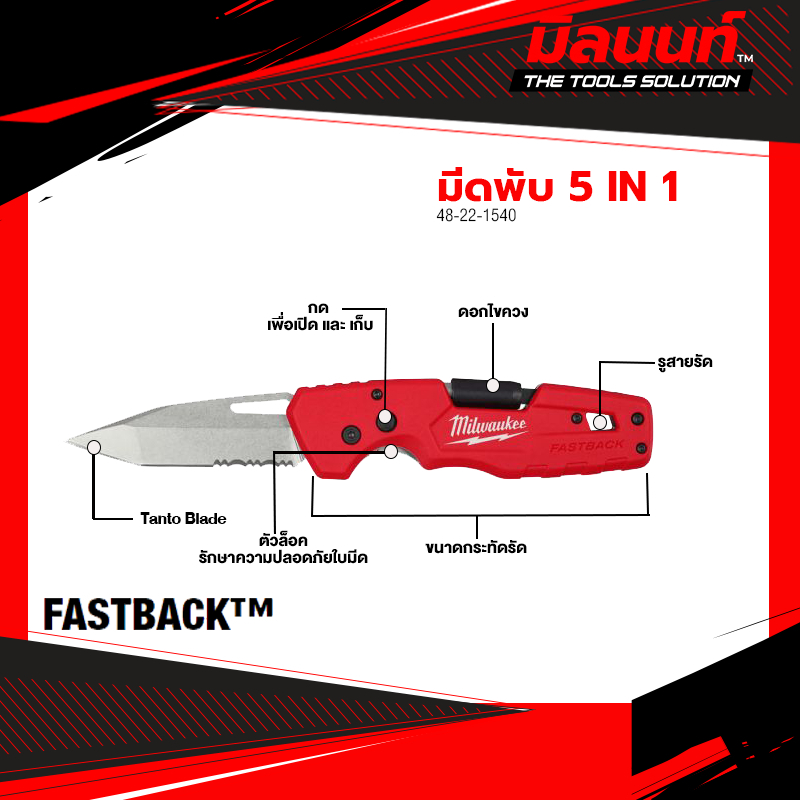 Milwaukee - มี ดพับ รุ่น FASTBACK™ 5 IN 1 รุ่น 48-22-1540