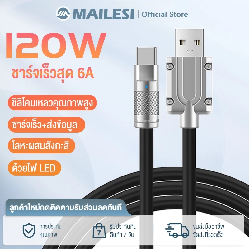 สายชาร์จ ชาร์จไวType C USB 120W 6A ชาร์จเร็วมาก Fast Charge สําหรับทุกรุ่น การรับประกัน 1 ปี MAILESI