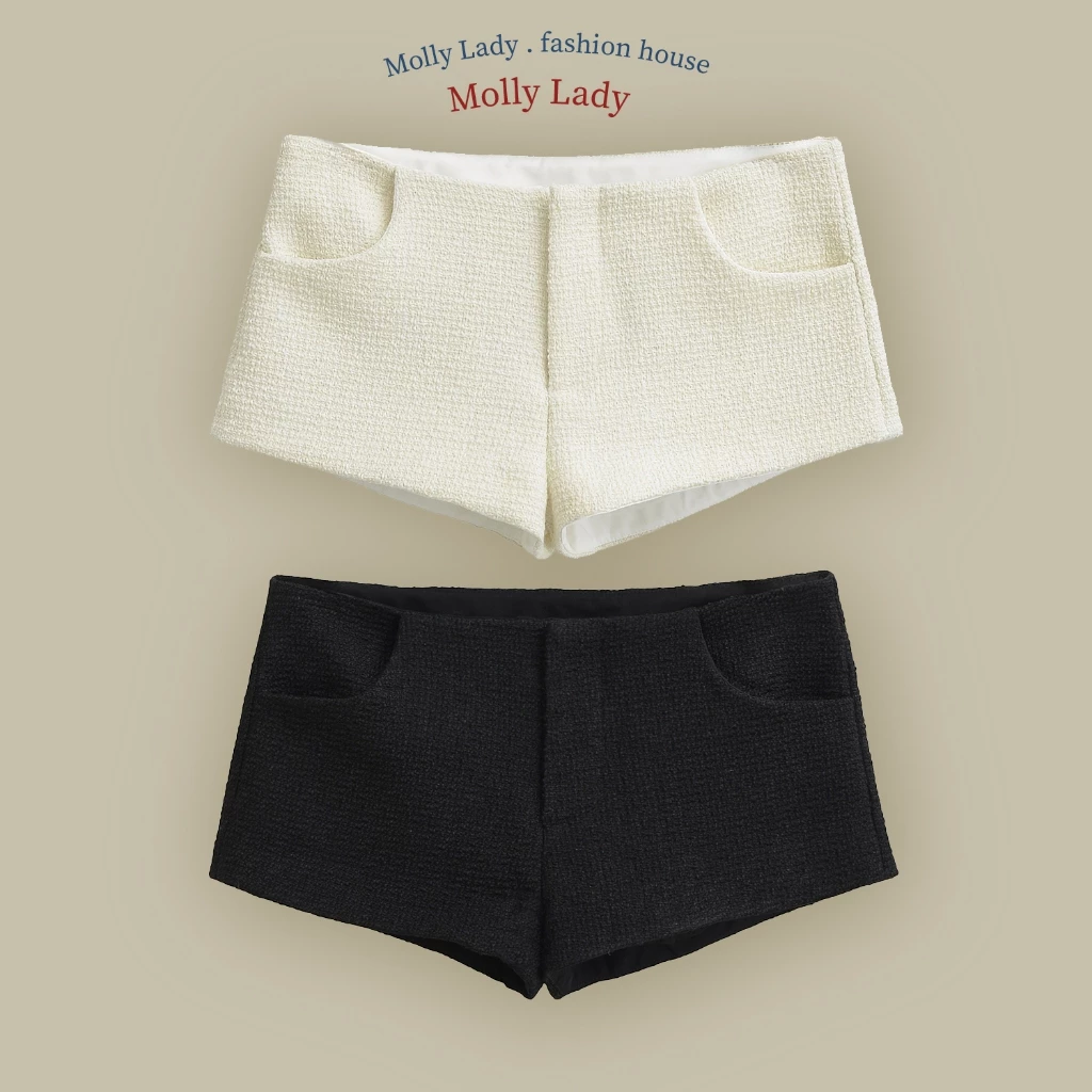 Molly Lady❤️ Low Tweed กางเกงขาสั้นเอวต่ำ ผ้าทวิสทอลาย มีซับใน พร้อมกระเป๋าสี่ช่อง Low-waist shorts