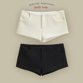 Molly Lady❤️ Low Tweed กางเกงขาสั้นเอวต่ำ ผ้าทวิสทอลาย มีซับใน พร้อมกระเป๋าสี่ช่อง Low-waist shorts