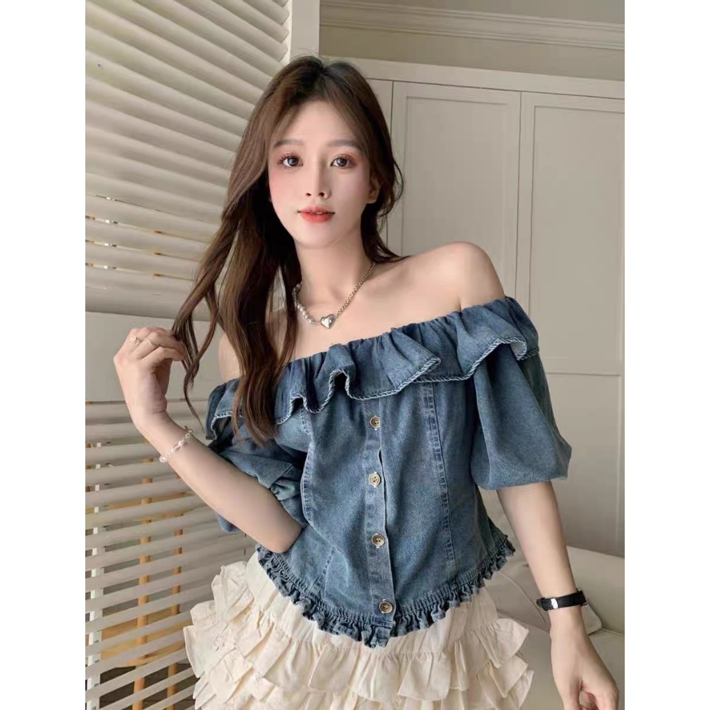 เสื้อยีนส์เปิดไหล่ผู้หญิง Size S-XL ดีไซน์คอระบายทรงเกาหลี สไตล์หวานแต่แอบเซ็กซี่