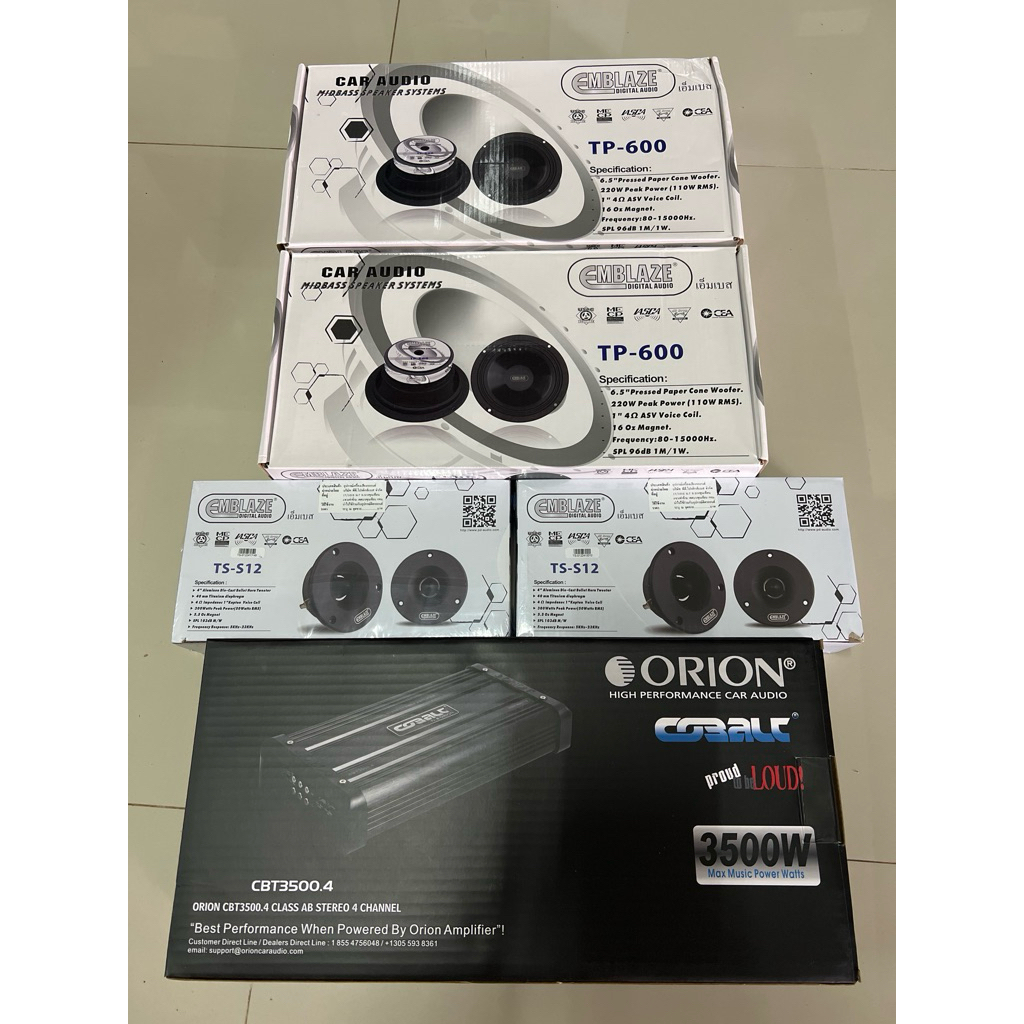 ซื้อ6.5“ 2คู่แหลม2คู่ ยี่ห้อ EMBLAZE 1ชุด ราคา 7195บาท แถมฟรี 4Ch ClassAB Orion 3500.4 1ตัว ลำโพงติด