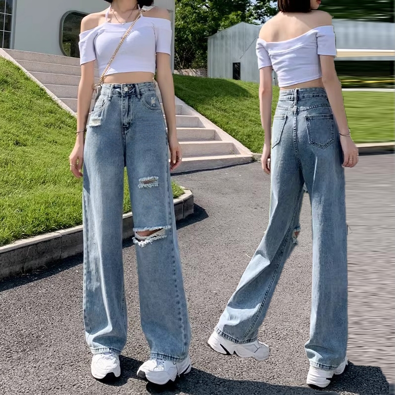 กางเกงยีนส์ baggy jeans นิยมยีนส์ ผู้หญิง กางเกงลำลอง เกาหลี แฟชั่น เอวสูง plussize ยีนส์ขาด