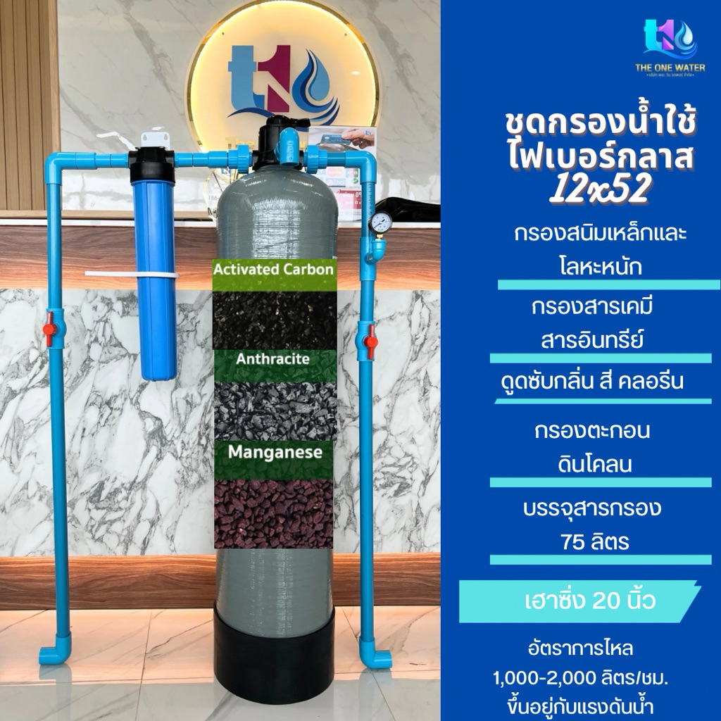 ถังกรองไฟเบอร์กลาสขนาด12x52นิ้วพร้อมสารกรองสามชนิด 75 ลิตรแถมฟรีhousingขนาด20นิ้ว