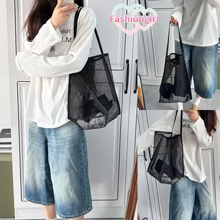 Fashion girl💯💯สีดำ กระเป๋าสะพายไหล่ตาข่าย กระเป๋าสะพายชายหาด สไตล์โปร่งใส ความจุขนาดใหญ่ พับได้ จัดเก็บง่าย