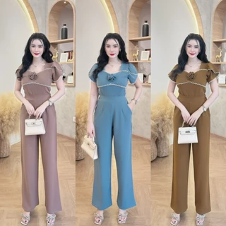 สินค้าพร้อมส่ง ชุดเซตยาวผ้าวูลเวฟ เสื้อแขนกุหลาบแต่งลูกไม้ แต่งลูกไม้ช่วงอกแต่งดอก3D+กางเกงเอวเรียบสม็อคหลังมี กระเป๋า