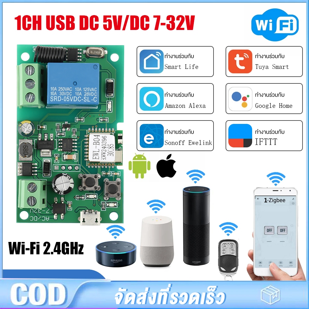 Sonoff Ewelink โมดูลสวิตซ์ไร้สาย โมดูลสวิตซ์ รีเลย์ wireless wifi USB DC 5V และ AC DC 7-32V บ้านสมาร์ท ล็อคประตู